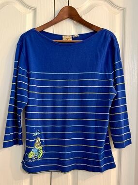 Blue Striped Crewneck Sweater with Adorable Beaded Frog Patch